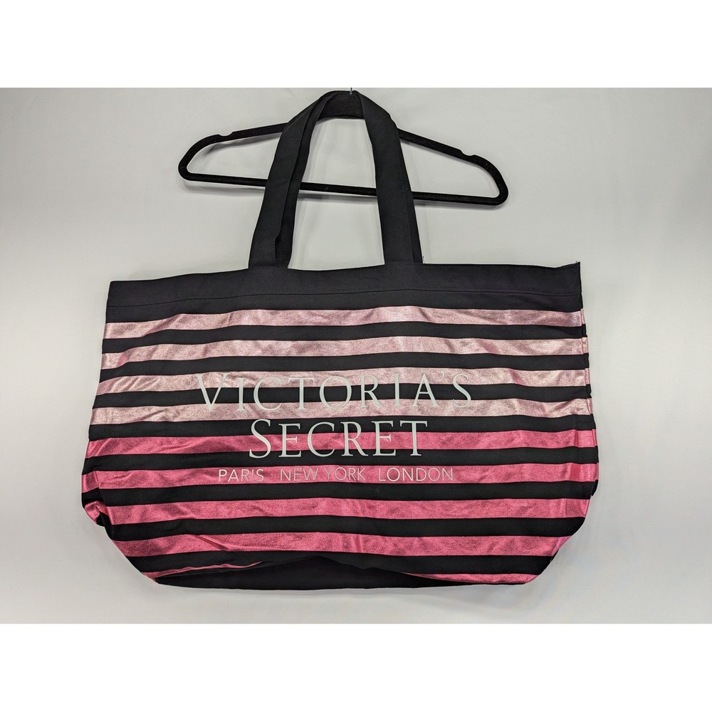 Victoria's‎ Secret Pink Black Stripe Metallic Tote Bag Travel Beach Large